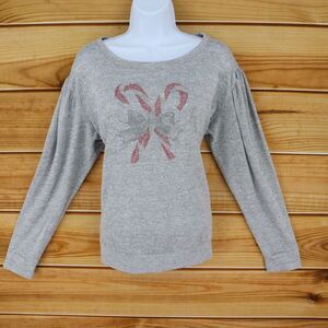 One World Knit Top Long Sleeve Shirt Womens Size L Gray Poly‎ Candy Cane Sequins